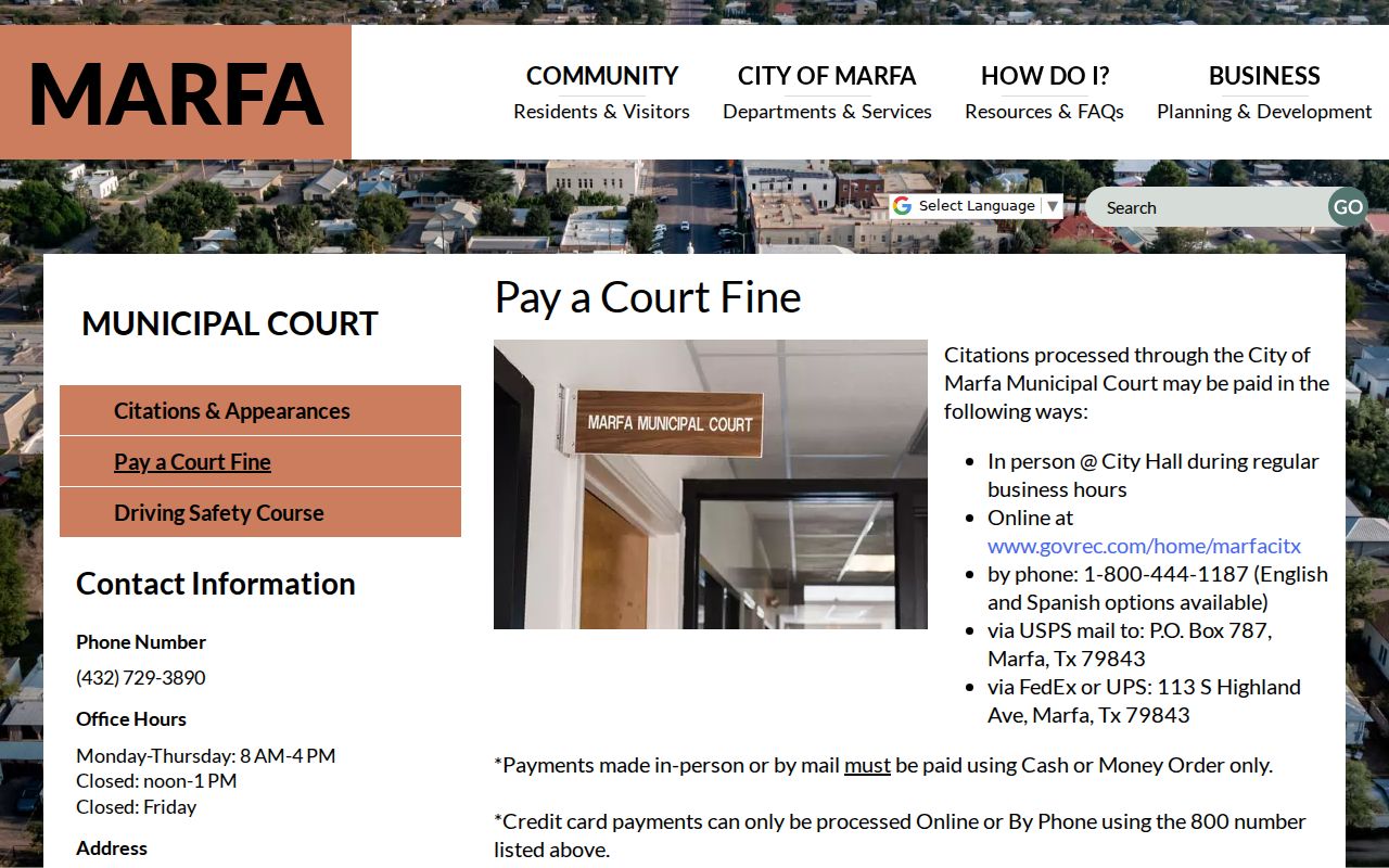 Marfa municipal court fine payment record page