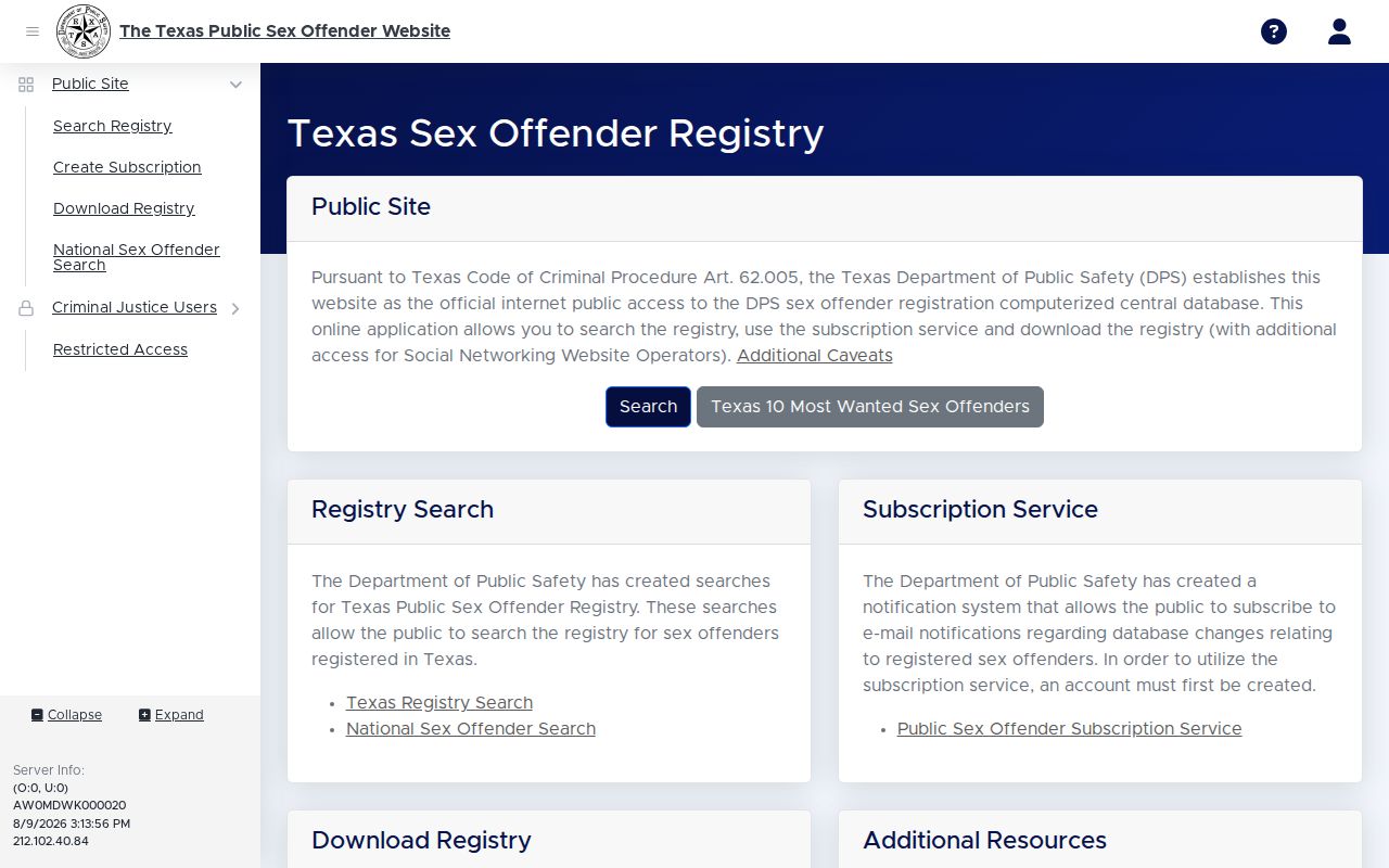 Presidio County sex offender lookup on the Texas DPS registry search screen