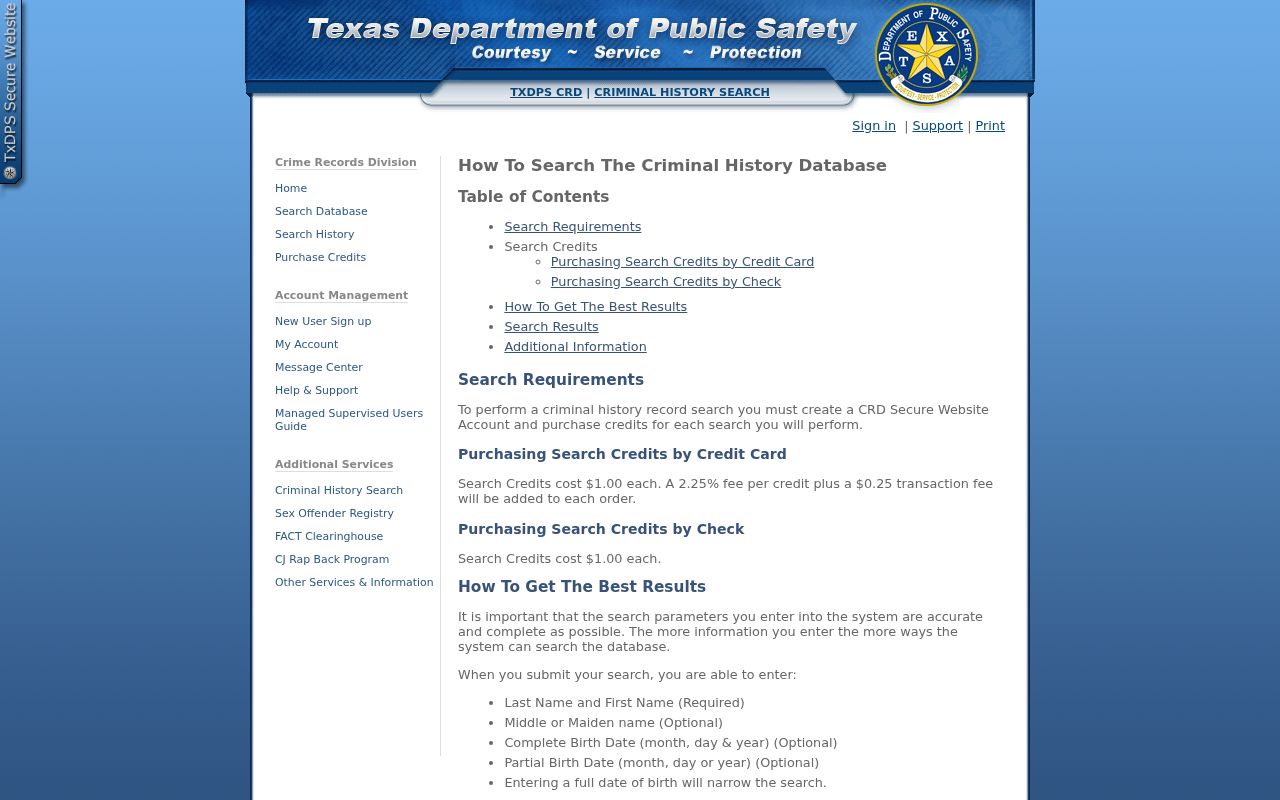 Presidio County criminal history DPS conviction search instructions