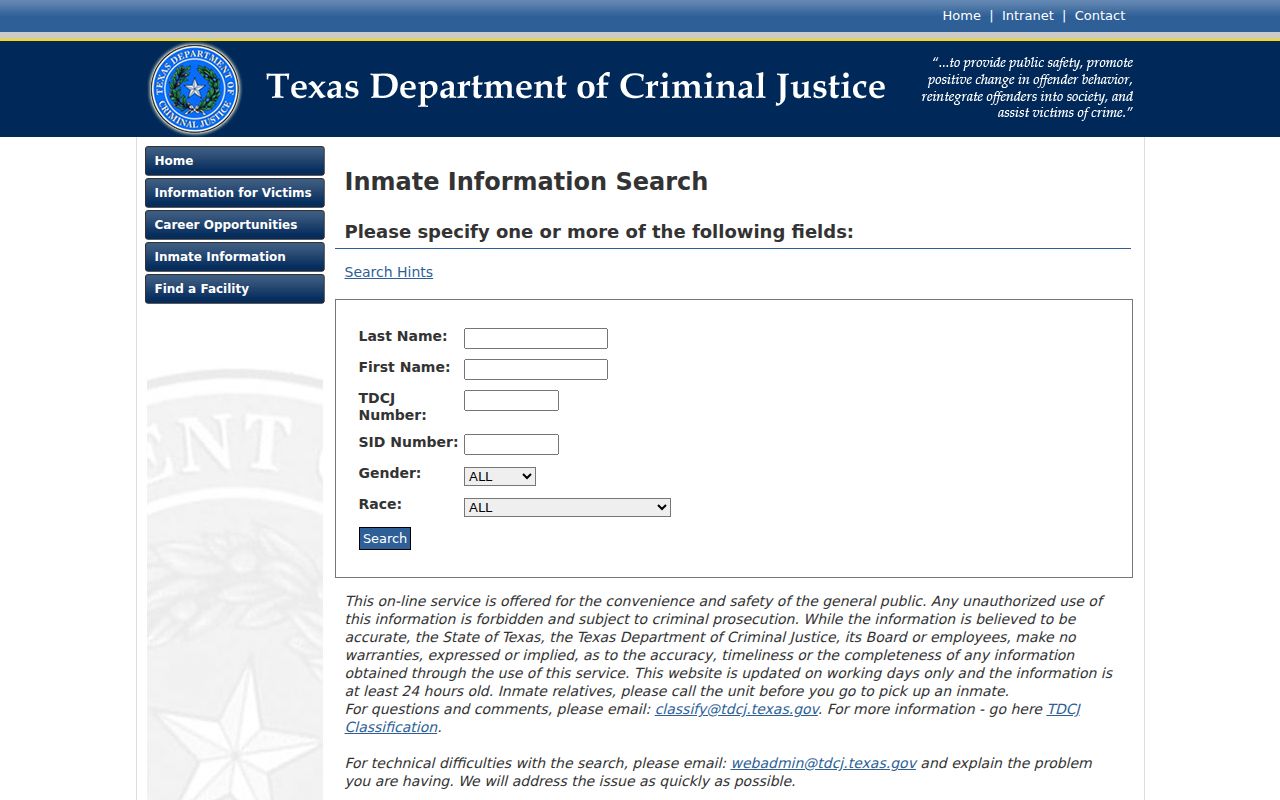 Presidio County criminal history TDCJ inmate search fields