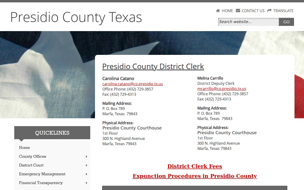 Presidio County criminal record clerk and courthouse contact page